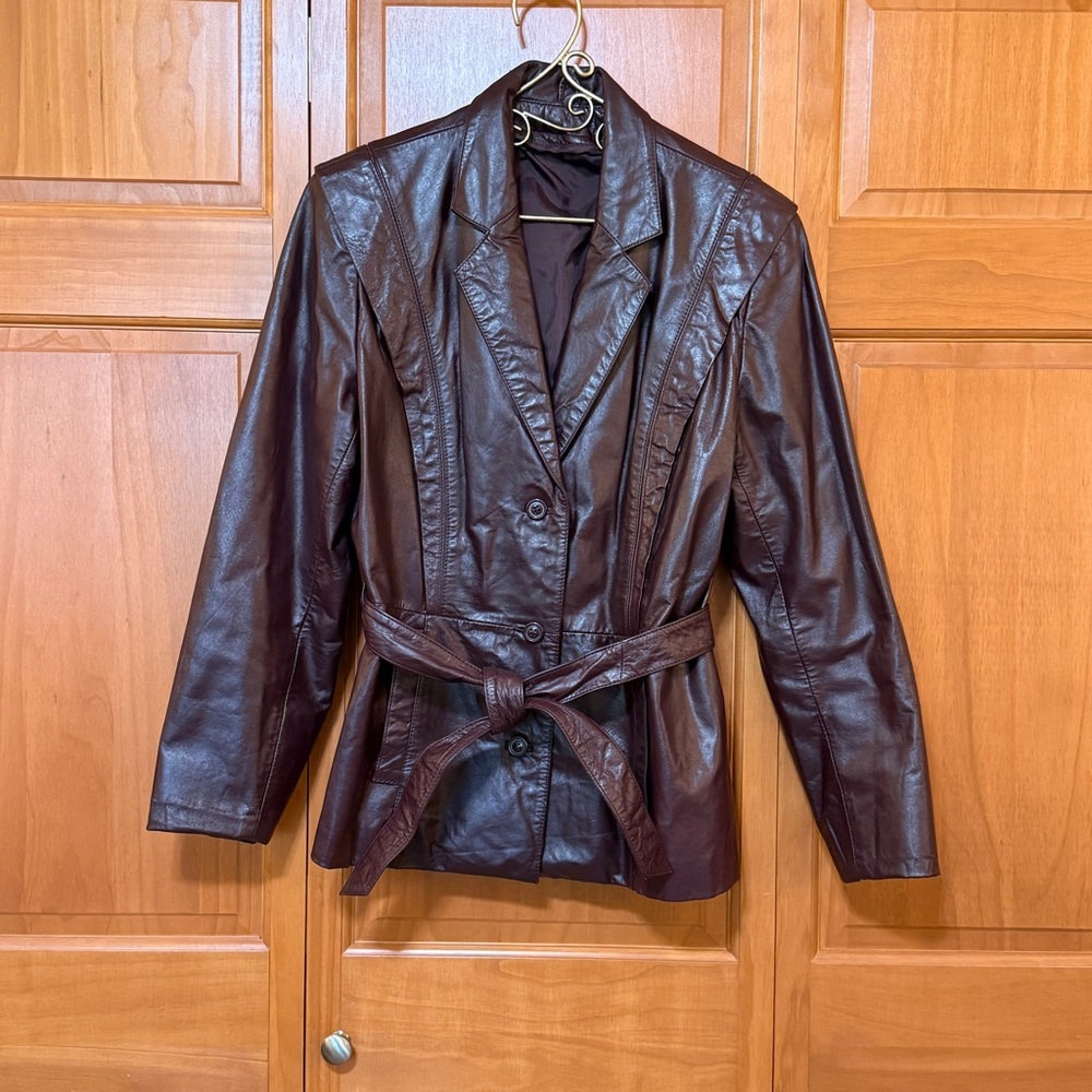 Vintage Brown Burgundy Leather Women's Belted Jacket